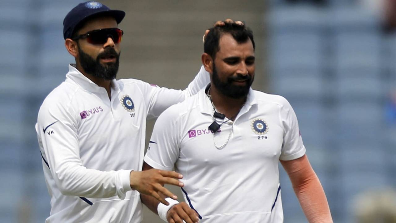 Mohammed Shami is congratulated by Virat Kohli,  India v South Africa, 2nd Test, Pune, 4th day, October 13, 2019