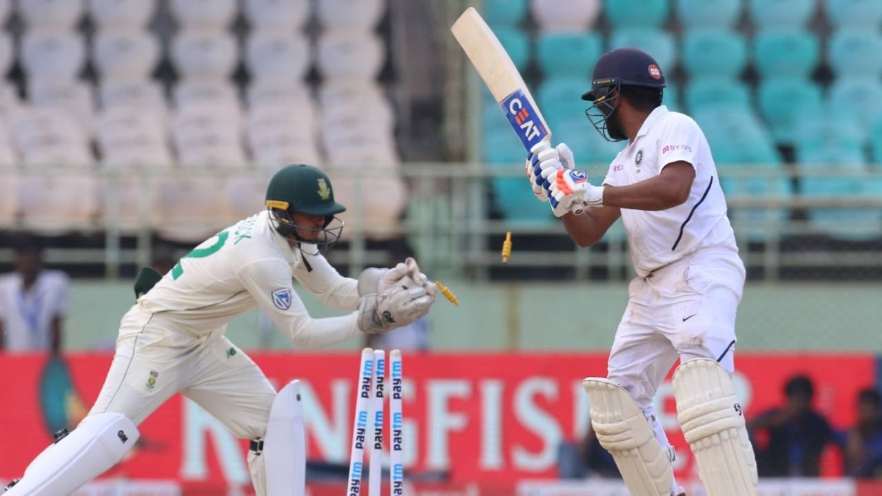 Rohit Sharma is stumped for the second time in the match, India v South Africa, 1st Test, Visakhapatnam, Day 4, October 5, 2019