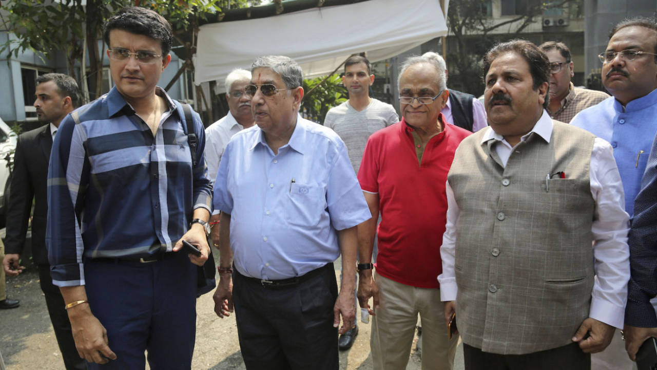 Sourav Ganguly, N Srinivasan, Niranjan Shah and Rajiv Shukla pose at the BCCI headquarters, Mumbai, October 14, 2019