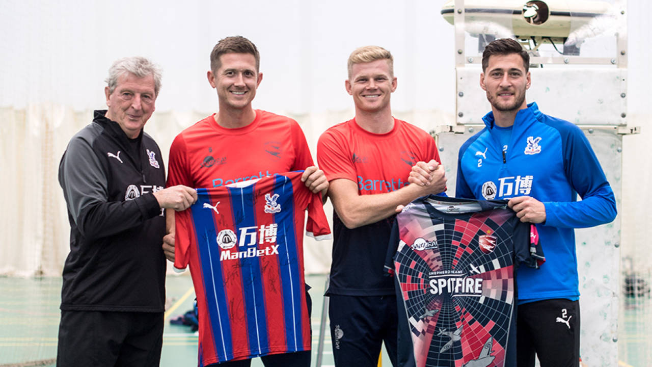 Kent cricketers Joe Denly and Sam Billings swap shirts with Crystal Palace manager Roy Hodgson and defender Joel Ward - October 2019