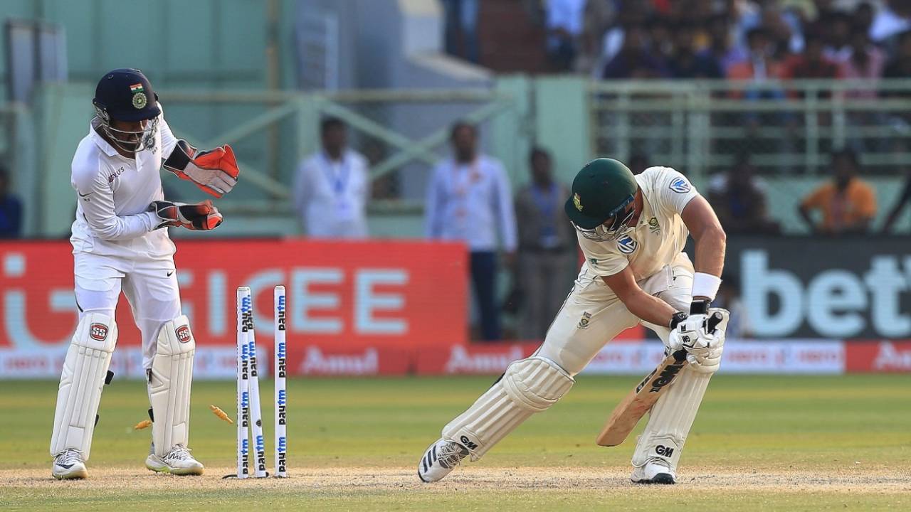 R Ashwin hits Aiden Markram's stumps during the Visakhapatnam Test