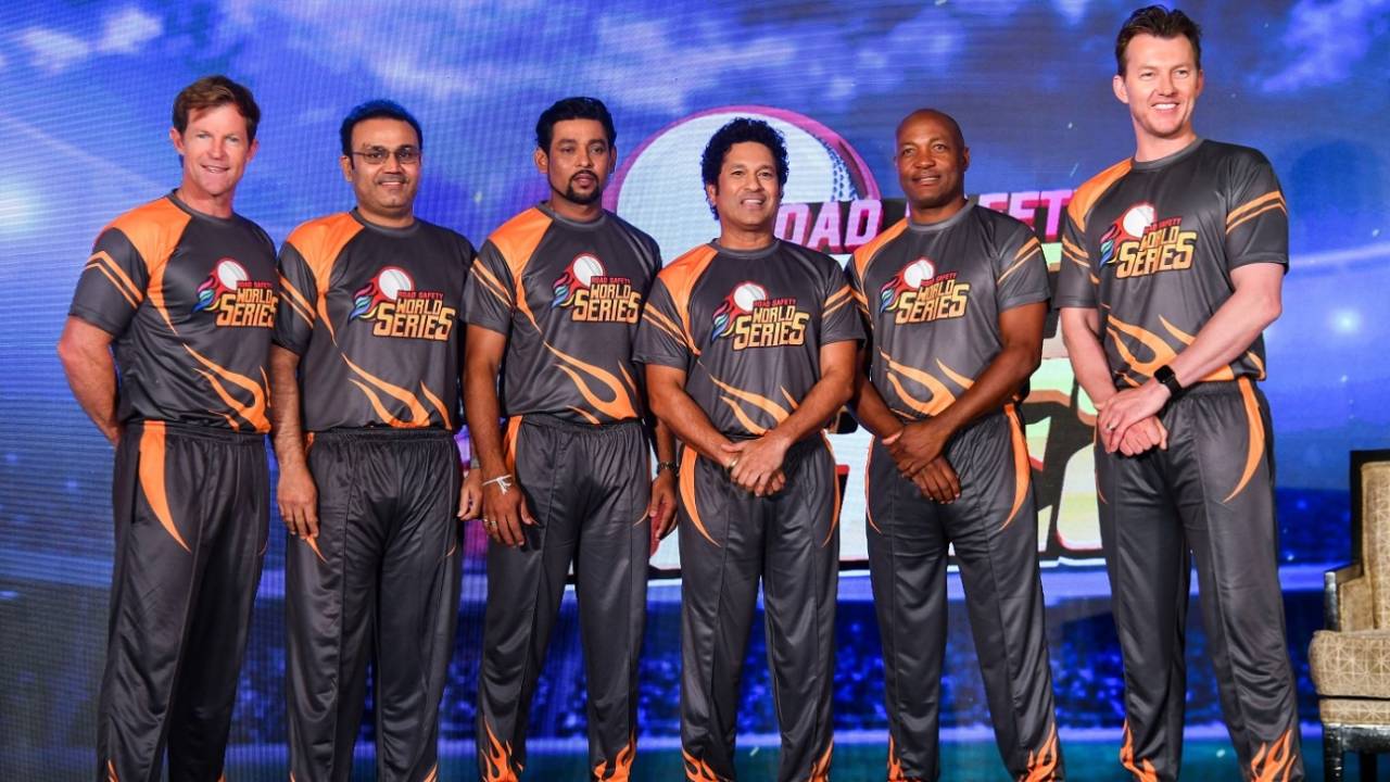 Jonty Rhodes, Virender Sehwag, Tillakaratne Dilshan, Sachin Tendulkar, Brian Lara and Brett Lee pose at an event to promote the Road Safety World Series T20 cricket league, Mumbai, October 17, 2019