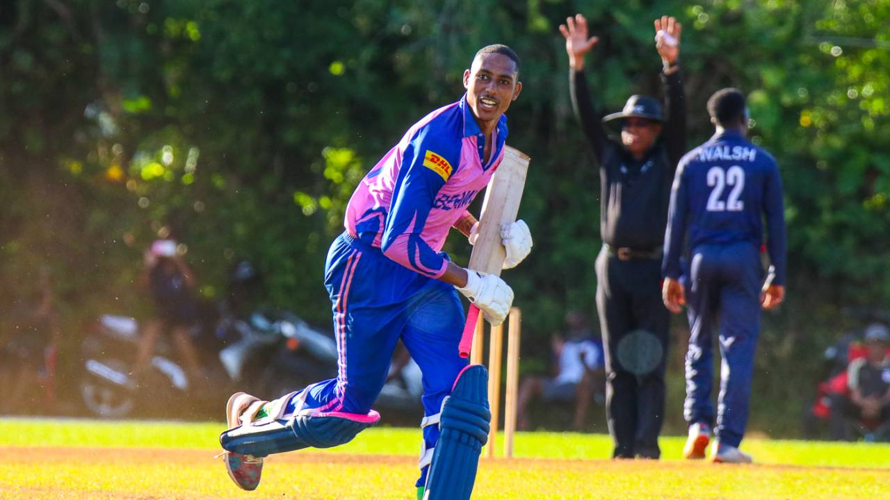 Deunte Darrell runs off after his six off Hayden Walsh Jr. clinched Bermuda's spot in the T20 World Cup Qualifier