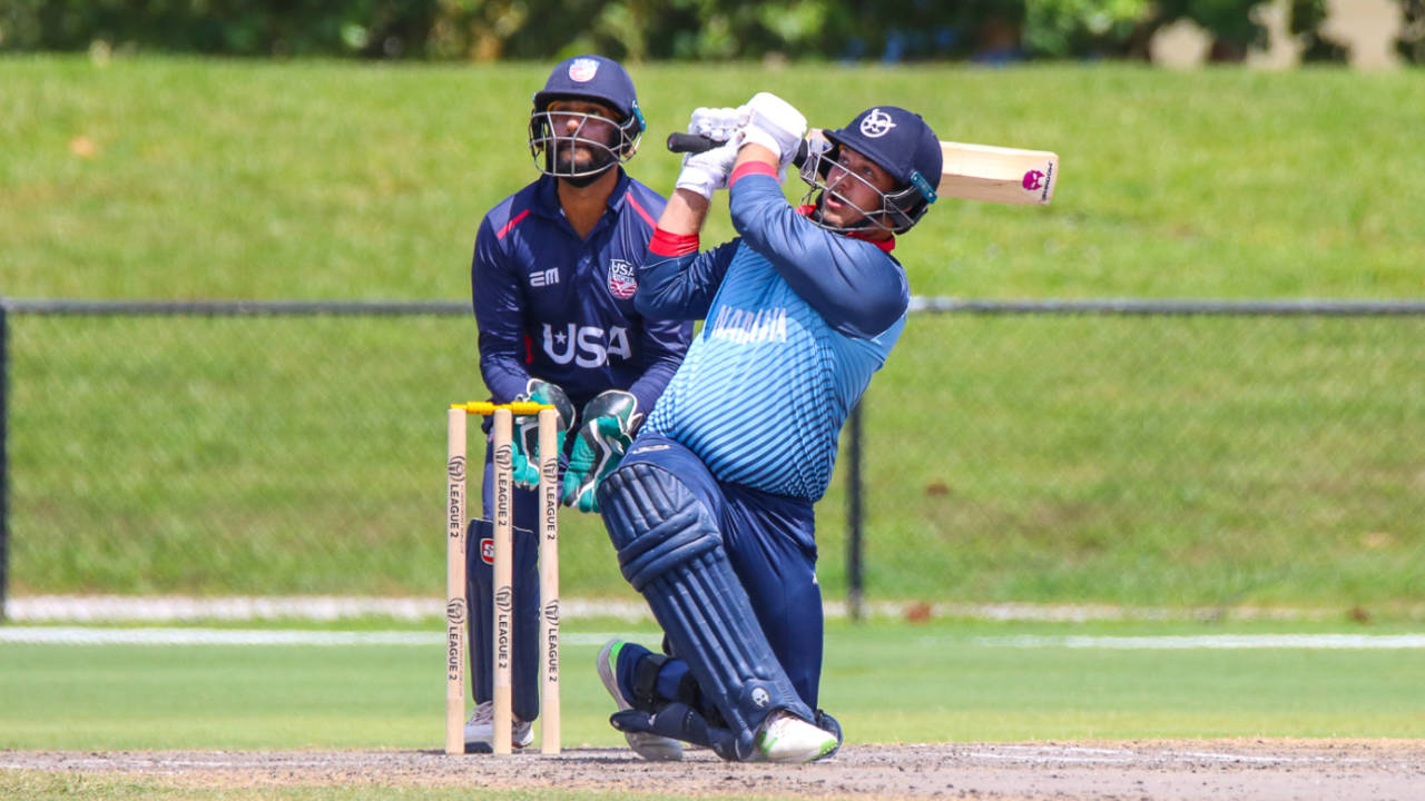 JP Kotze slog sweeps over midwicket for six, USA v Namibia, Cricket World Cup League Two, Lauderhill, September 20, 2019