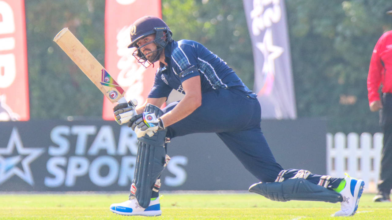 Calum MacLeod completes a sweep through the leg side, Kenya v Scotland, T20 World Cup Qualifier, Dubai, October 19, 2019 