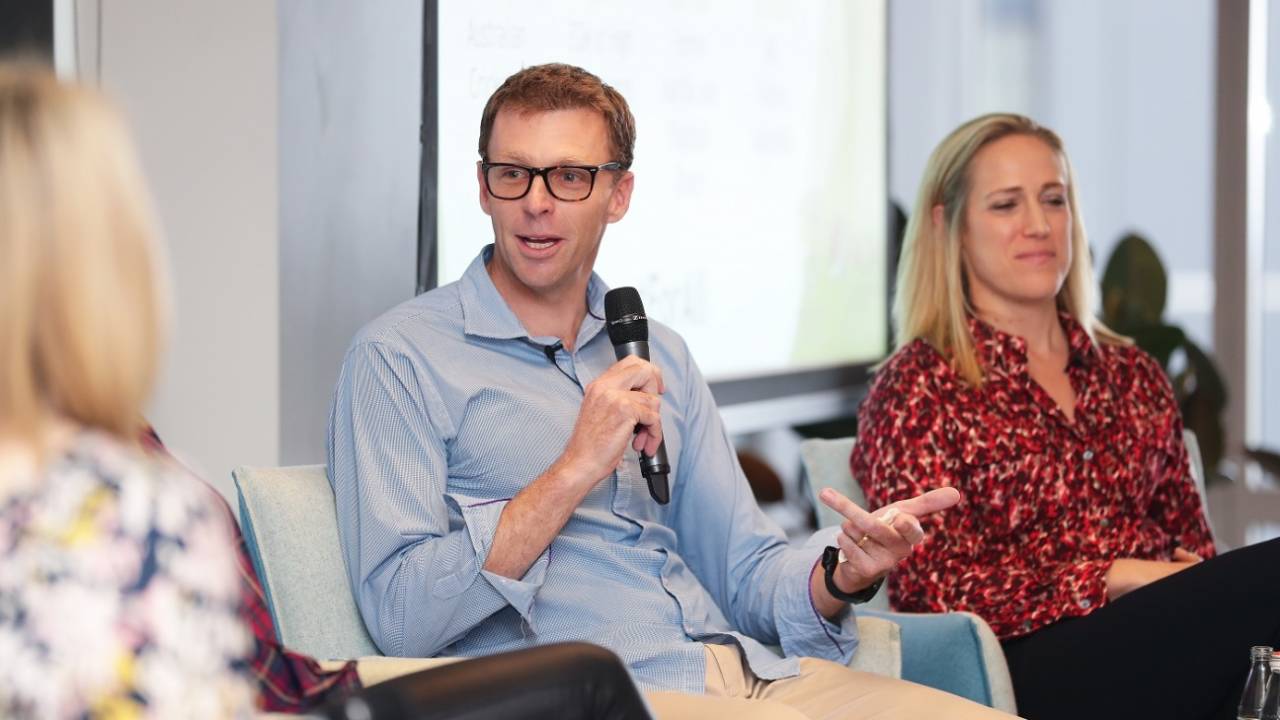Drew Ginn speaks during the player parental leave launch in Sydney