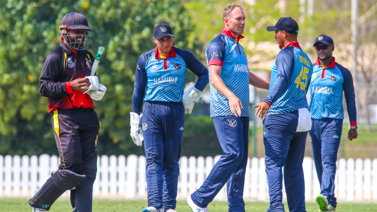 Christi Viljoen produced a double-wicket over in the 13th that included Tony Ura, Namibia v Papua New Guinea, ICC T20 World Cup Qualifier, Dubai, October 20, 2019