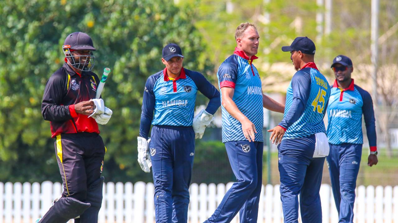 Christi Viljoen produced a double-wicket over in the 13th that included Tony Ura, Namibia v Papua New Guinea, ICC T20 World Cup Qualifier, Dubai, October 20, 2019