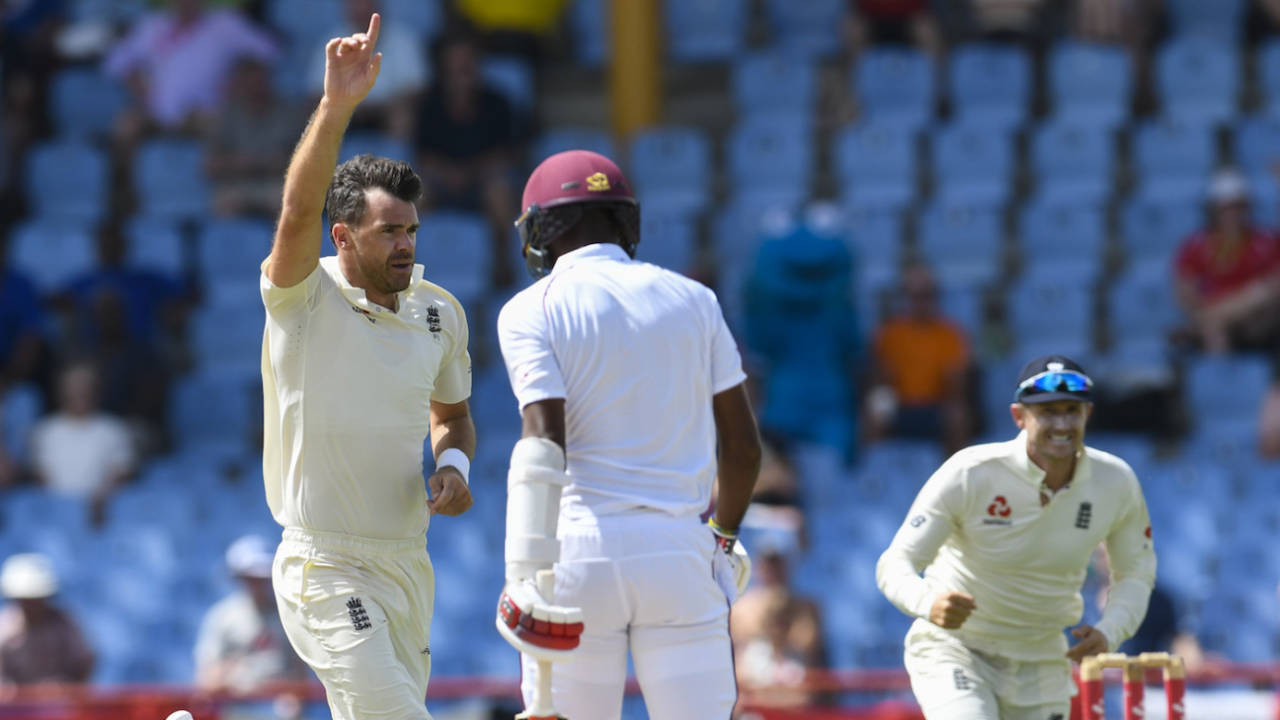 James Anderson dismisses Kraigg Brathwaite, West Indies v England, 3rd Test, St Lucia, 2nd day, February 10, 2019
