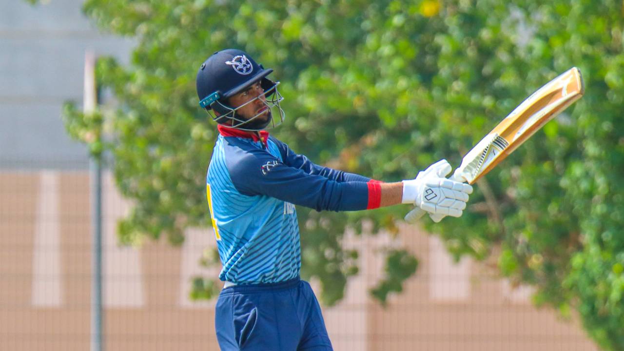 Niko Davin looks on after driving a six over mid-off, Bermuda v Namibia, ICC Men's T20 World Cup Qualifier, Dubai, October 23, 2019