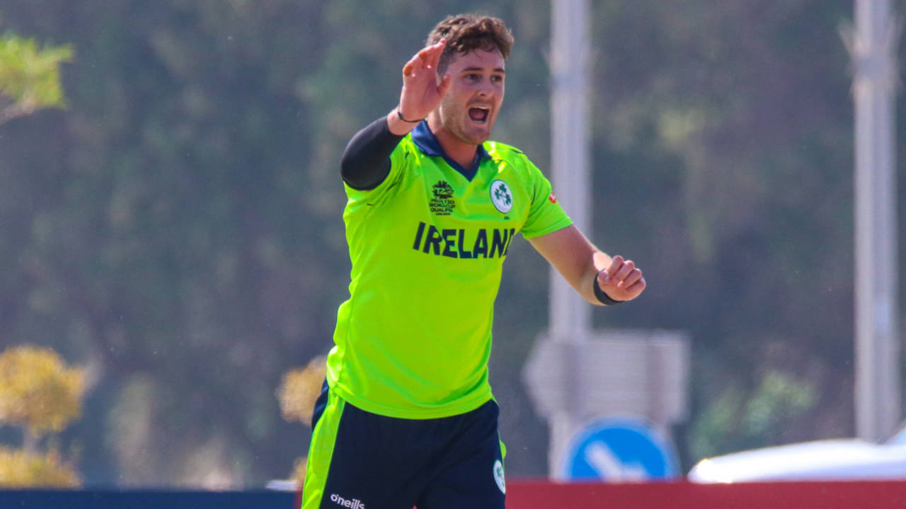 Mark Adair celebrates an edge to the keeper for another wicket, Ireland v Jersey, ICC Men's T20 World Cup Qualifier, Abu Dhabi, October 25, 2019