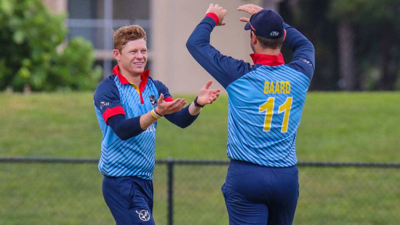 Bernard Scholtz gets congratulated after taking another wicket, Namibia v Papua New Guinea, Cricket World Cup League Two Tri-Series, Lauderhill, September 22, 2019