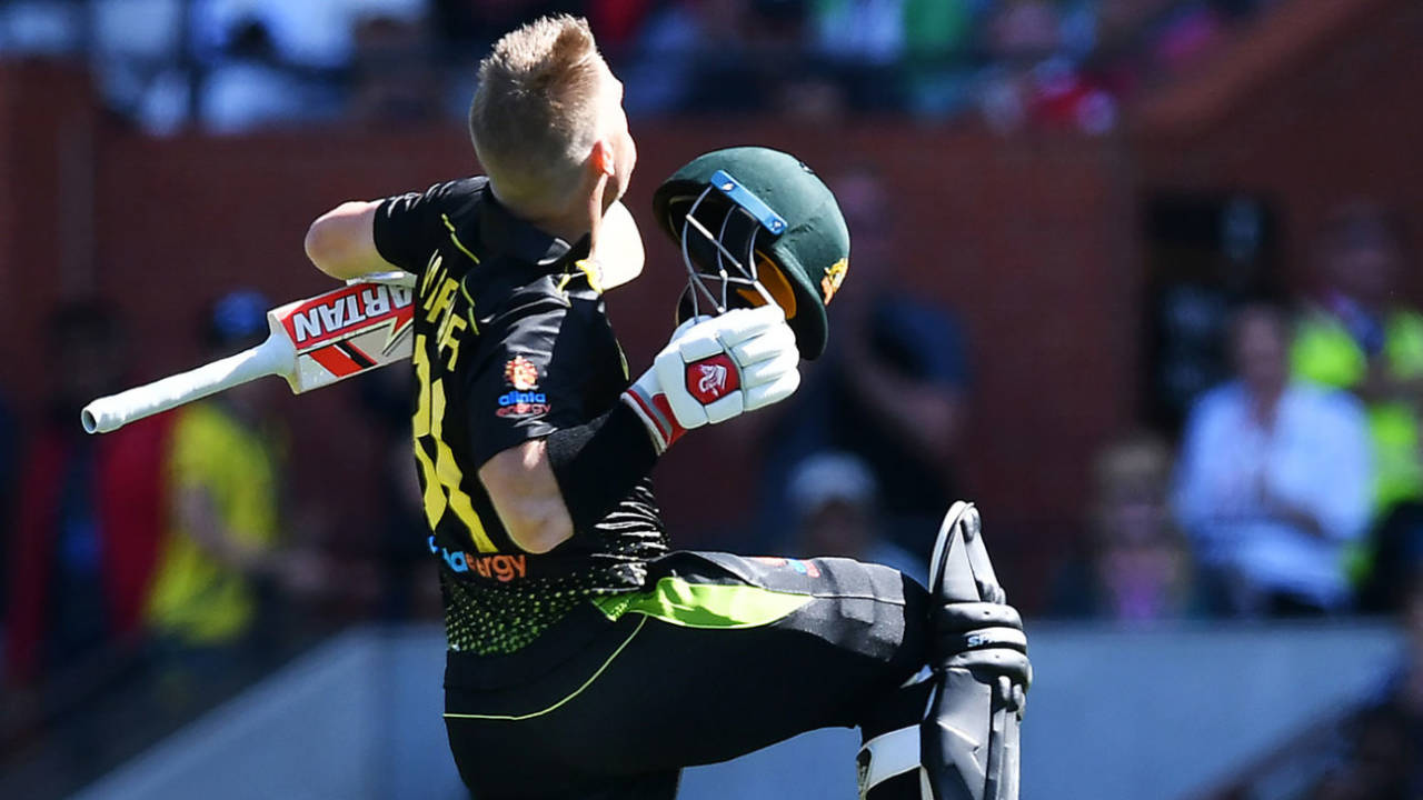 Jumping for joy: David Warner reaches his maiden T20I century&nbsp;&nbsp;&bull;&nbsp;&nbsp;Getty Images