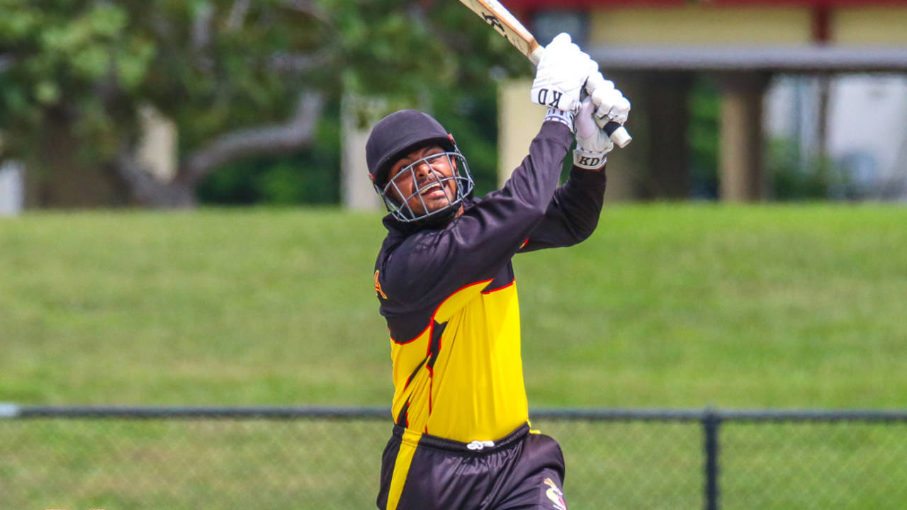 Norman Vanua drives a six high down the ground, Namibia v Papua New Guinea, Cricket World Cup League Two, Lauderhill, September 22, 2019
