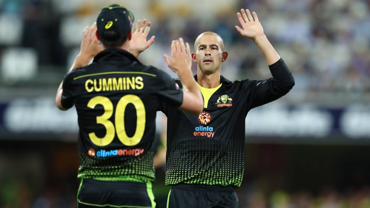 Ashton Agar and Pat Cummins celebrate Avishka Fernando's wicket, Australia v Sri Lanka, 2nd T20I, Brisbane, October 30, 2019