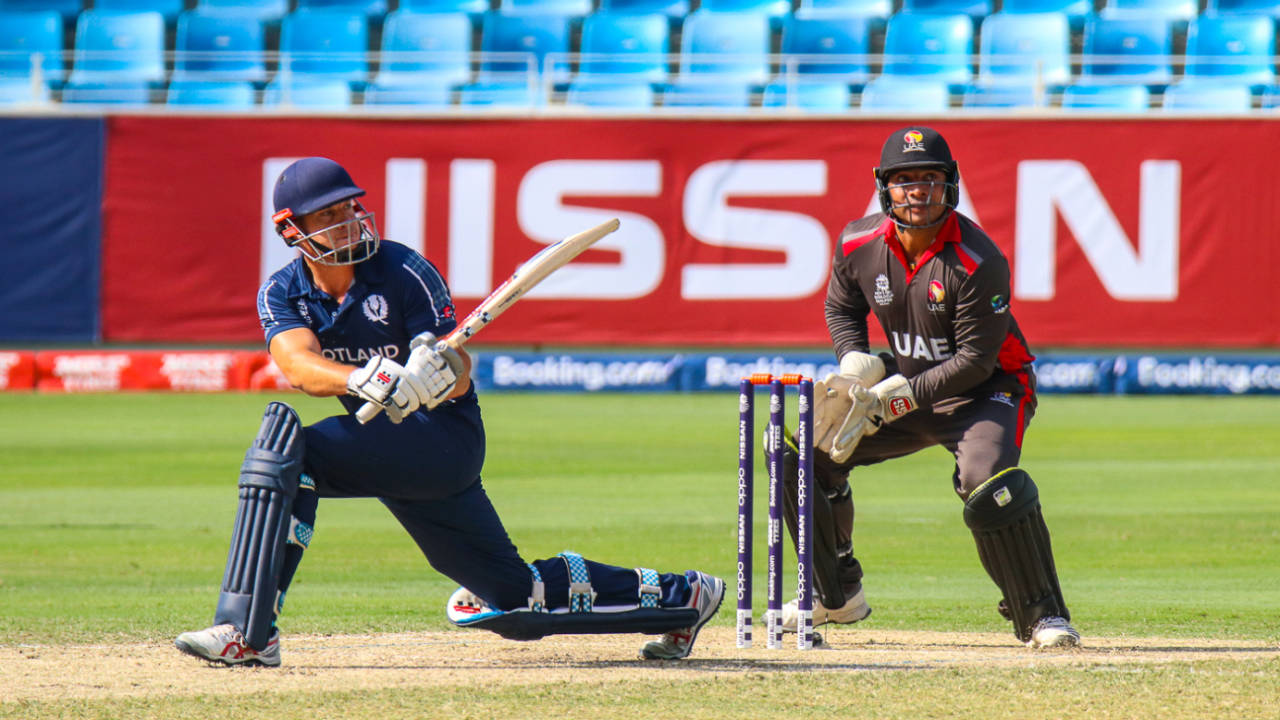 George Munsey gets out the reverse sweep early to clear backward point for six, UAE v Scotland, ICC Men's T20 World Cup Qualifier playoff, Dubai, October 30, 2019