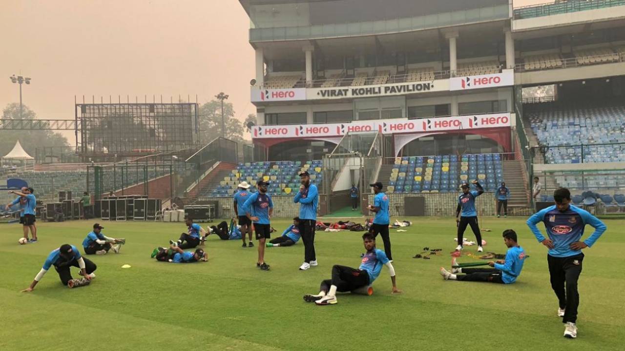 The Bangladesh players train in the Delhi haze