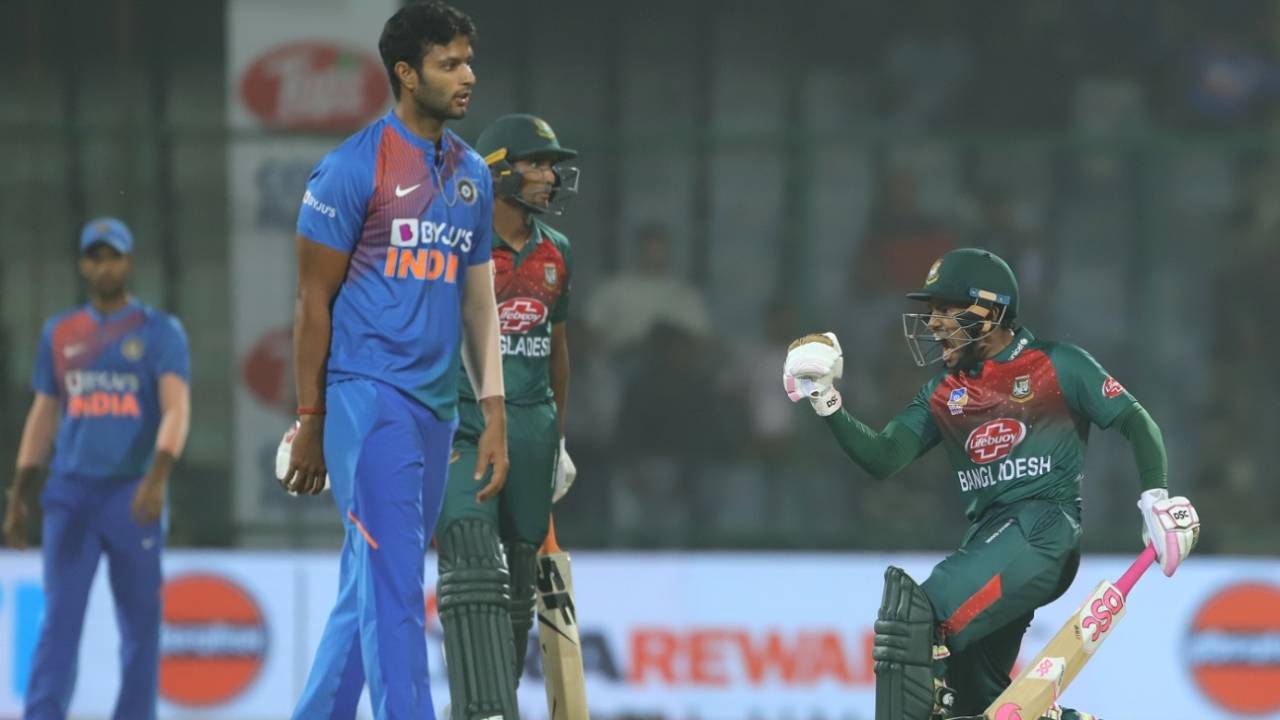 Mushfiqur Rahim celebrates Bangladesh's maiden T20I win over India, India v Bangladesh, 1st T20I, Delhi, November 3, 2019