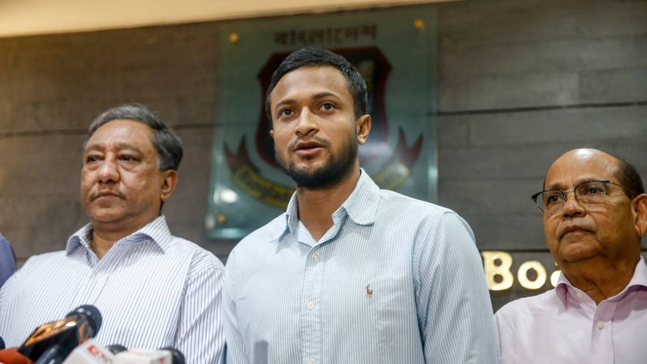 Shakib Al Hasan reads out a statement after the ICC ban was announced