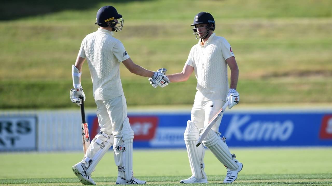 Dom Sibley shakes hands with Zak Crawley in the tour game. Both men got hundreds, New Zealand XI v England XI, Cobham Oval, Whangarei, Day 1, November 12, 2019