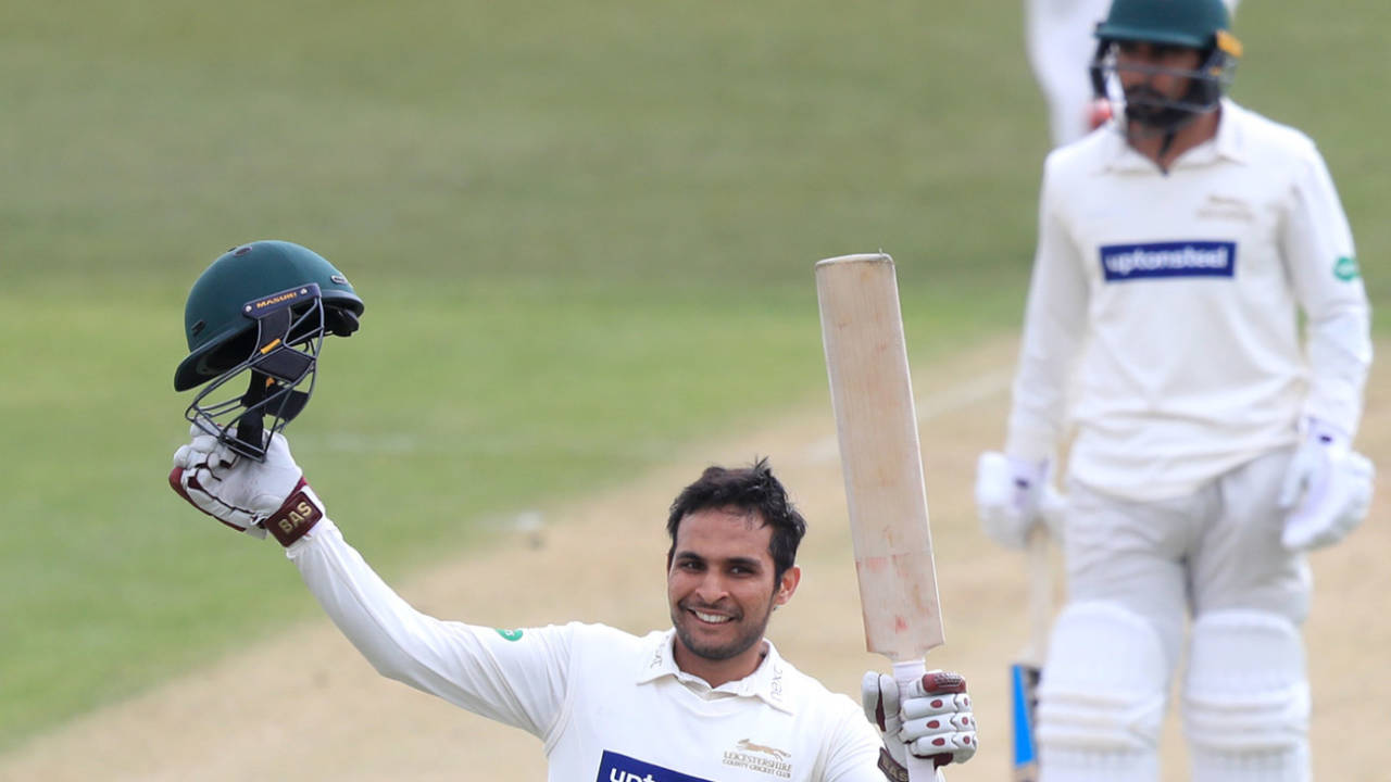 Hassan Azad celebrates his hundred, Loughborough MCCU v Leicestershire, day two, Leicester, March 27, 2019
