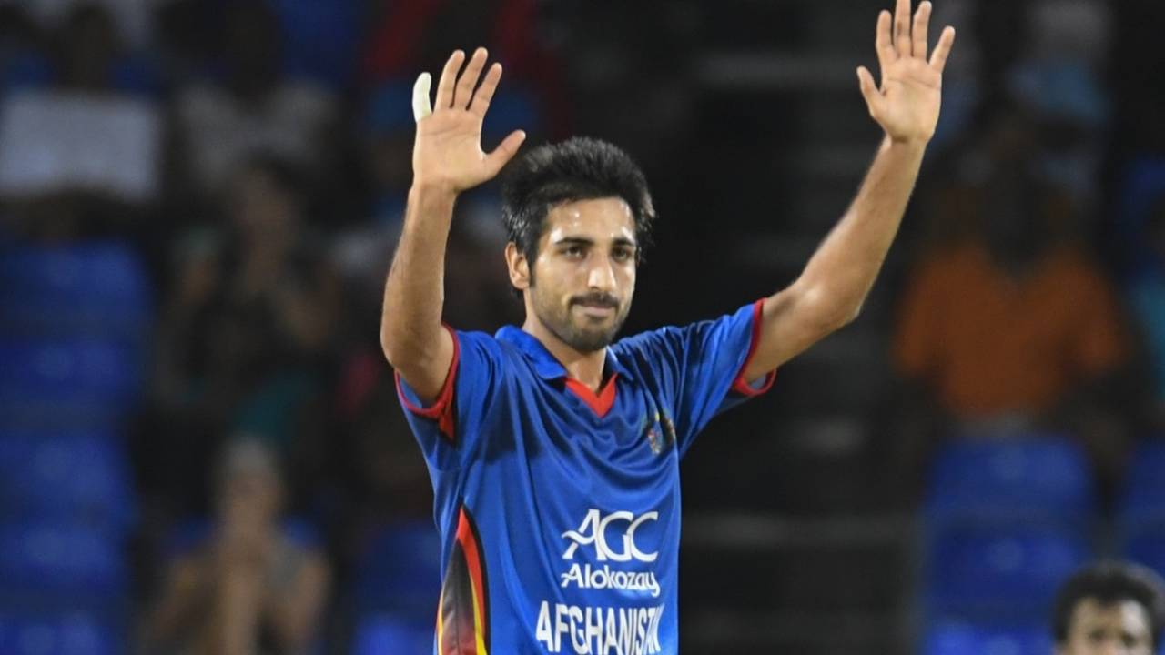 Karim Janat celebrates a wicket, West Indies v Afghanistan, 2nd T20I, Basseterre, June 3, 2017