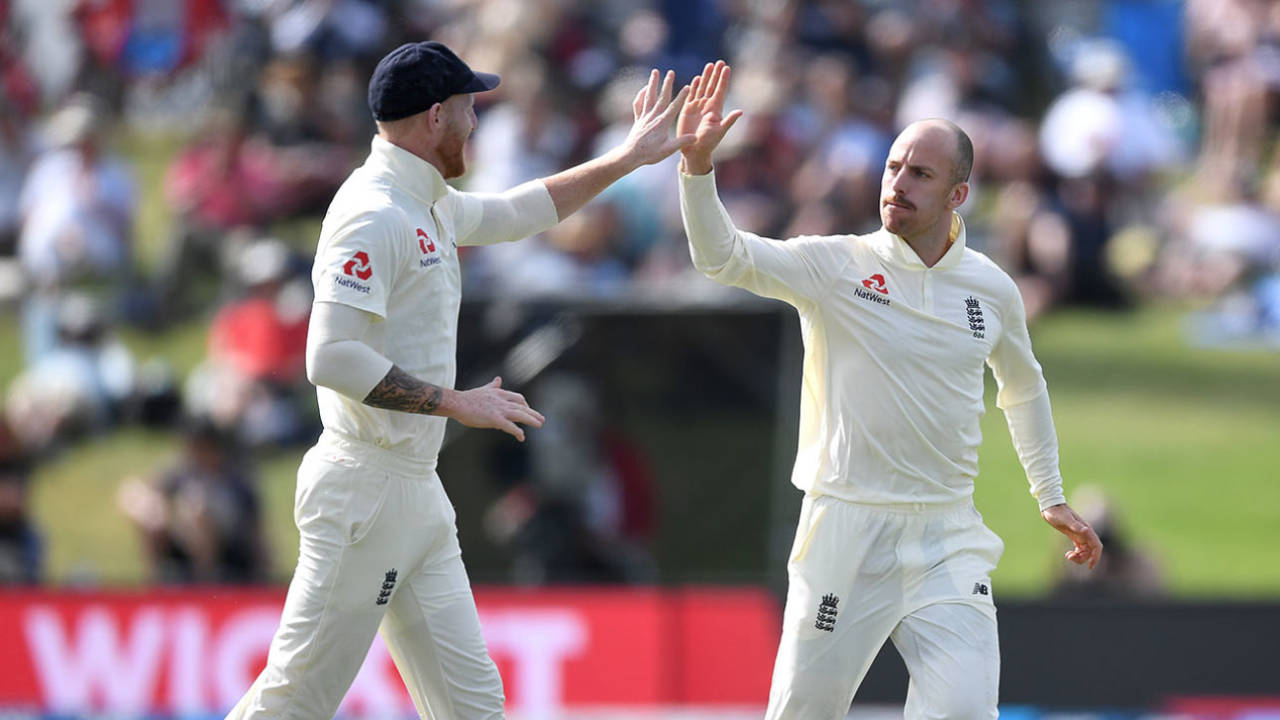 Jack Leach celebrates with Ben Stokes after dismissing Jeet Raval&nbsp;&nbsp;&bull;&nbsp;&nbsp;Getty Images