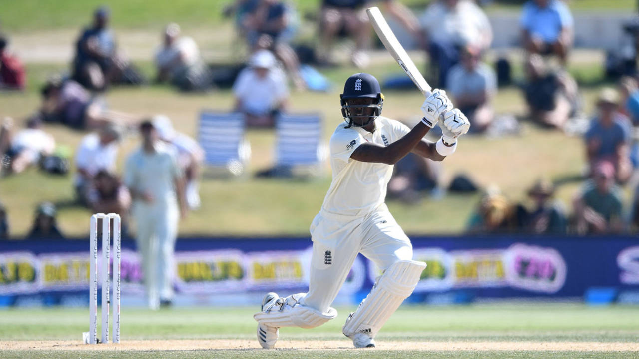 Jofra Archer bats during the fifth day at Mount Maunganui, New Zealand v England, 1st Test, Mount Maunganui, 5th day, November 25, 2019