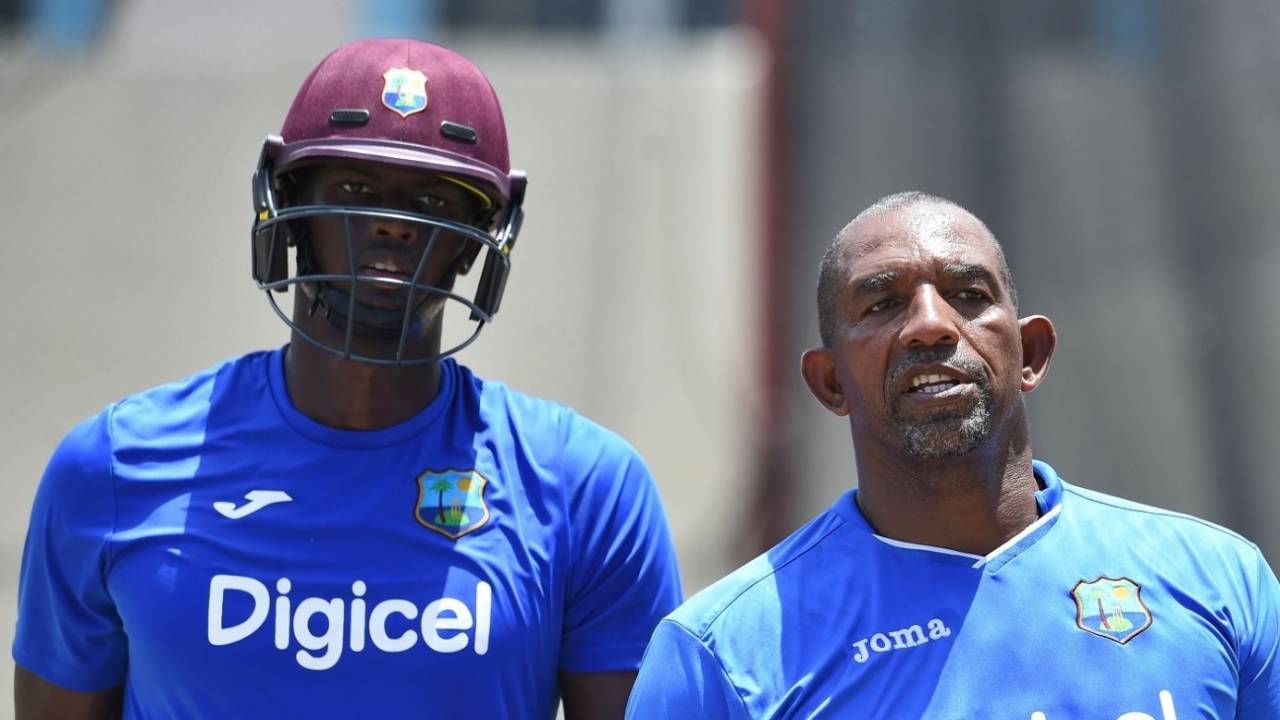 Phil Simmons and Jason Holder have a chat, West Indies tri-nation series 2016, Basseterre, June 12, 2016
