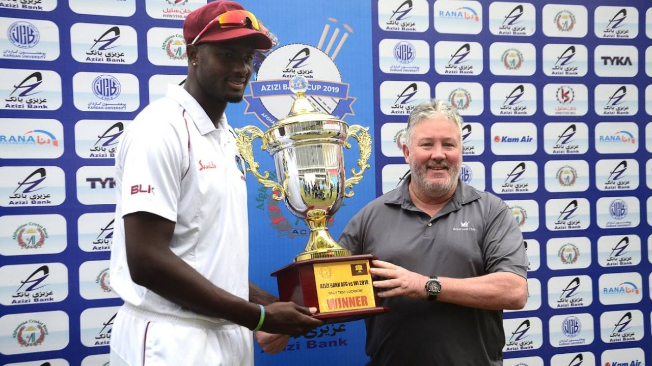 Jason Holder poses with the trophy, Afghanistan v West Indies, only Test, Lucknow, 3rd day, November 29, 2019
