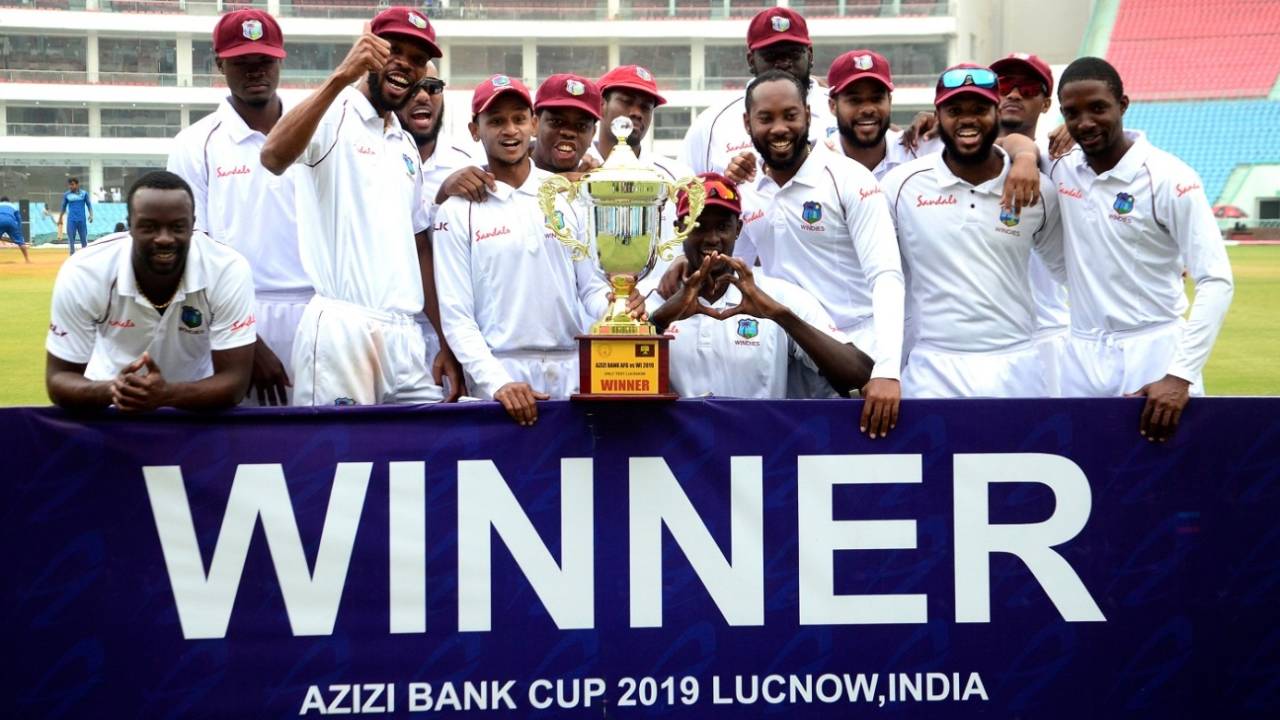The West Indies players pose with the trophy, Afghanistan v West Indies, only Test, Lucknow, 3rd day, November 29, 2019