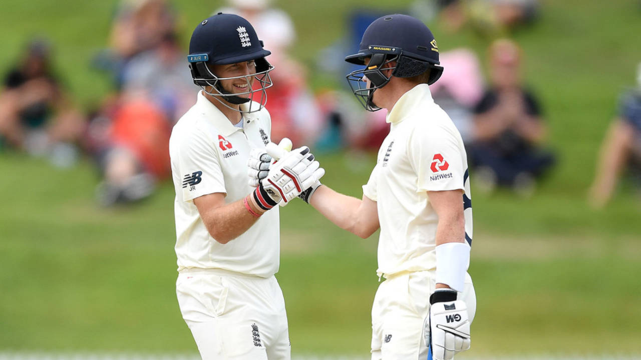 Joe Root is congratulated by Ollie Pope after bringing up his 150, New Zealand v England, 2nd Test, Hamilton, December 02, 2019