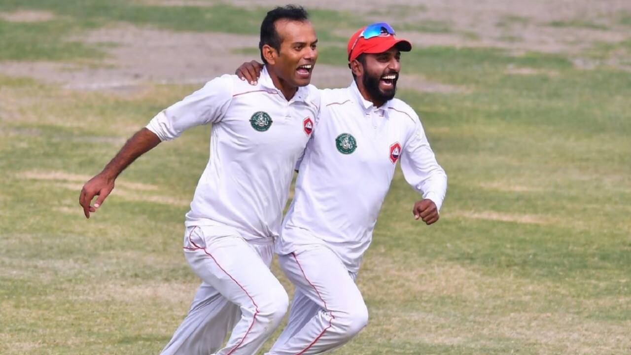 Nauman Ali and Faizan Riaz celebrate their team's sensational win, Northern (Pakistan) v Khyber Pakhtunkhwa, Quaid-e-Azam Trophy 2019-20, Karachi, day 4, December 5, 2019