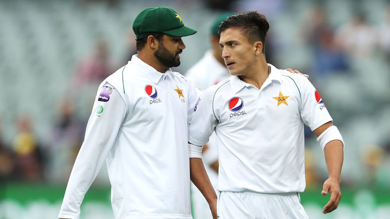 Debutant Muhammad Musa chats with Azhar Ali, Australia v Pakistan, Day 1, 2nd Test, Adelaide, November 29, 2019