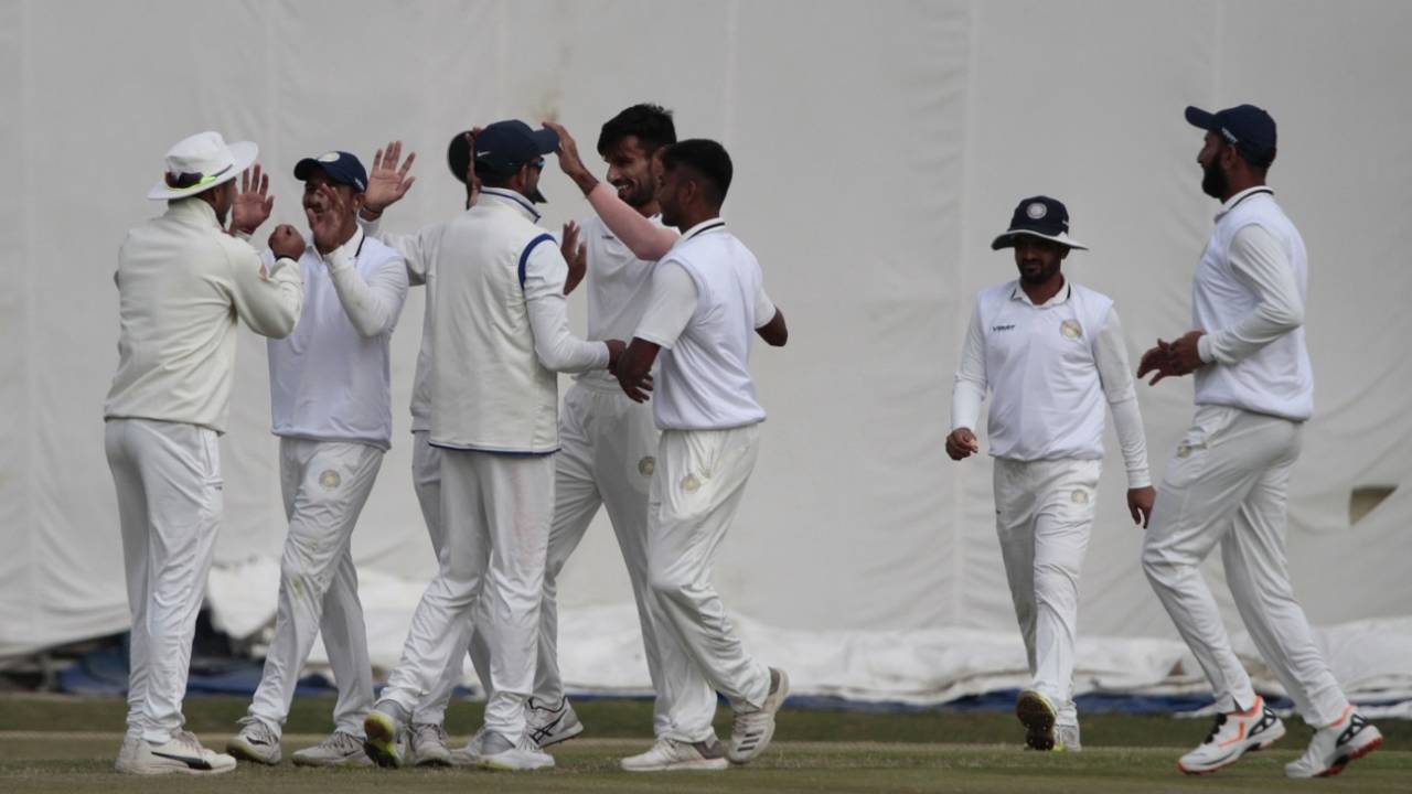 The Saurashtra players celebrate a wicket, Himachal Pradesh v Saurashtra, Ranji Trophy 2019-20, 1st day, Dharamsala, December 9, 2019

