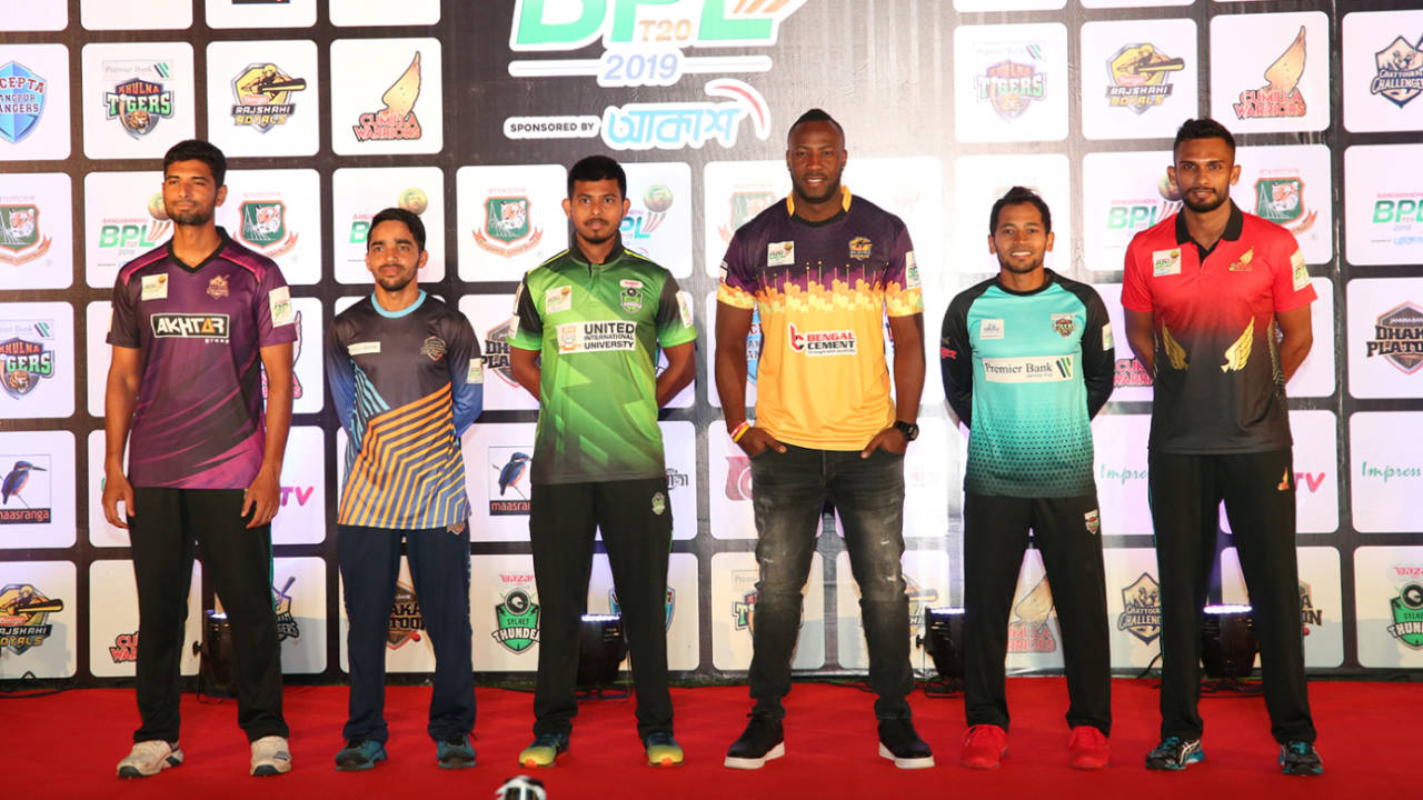 Captains of six of the seven BPL teams line up on the eve of the tournament, Dhaka, December 10, 2019