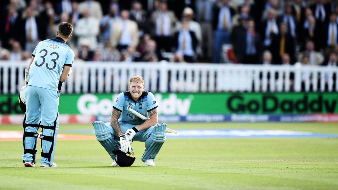 Ben Stokes grimaces after the final-ball tie takes the World Cup final to a Super Over, England v New Zealand, World Cup final, Lord's, July 14, 2019