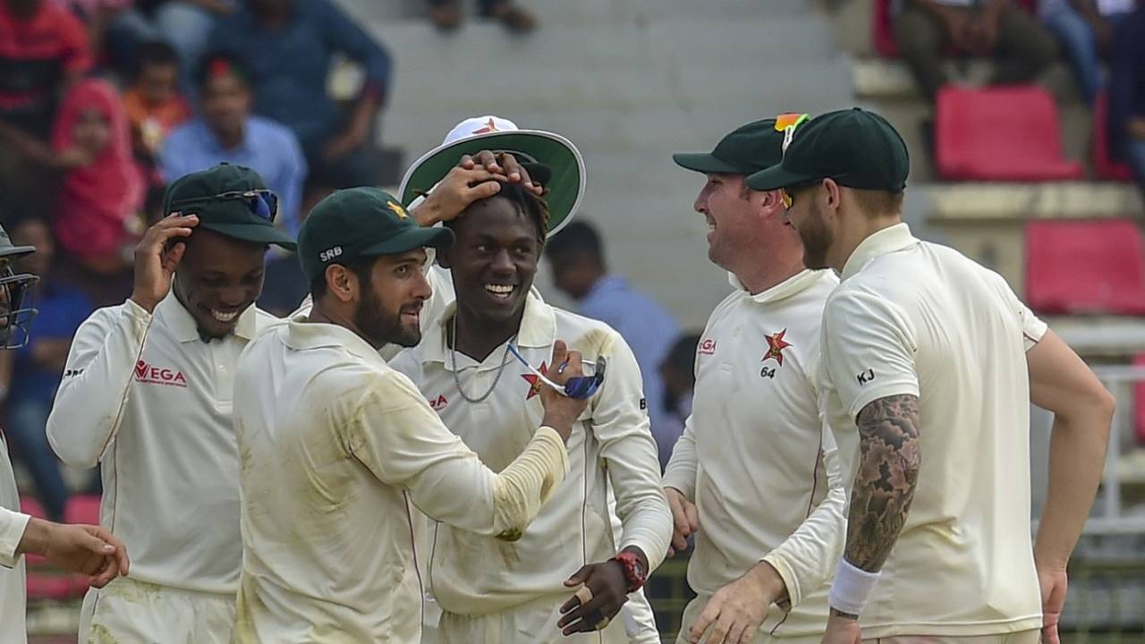 Brandon Mavuta celebrates a wicket with his teammates, Bangladesh v Zimbabwe, 1st Test, Sylhet, 4th day, November 6, 2018