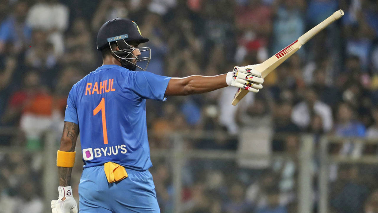 KL Rahul celebrates his fifty, India v West Indies, 3rd T20I, Mumbai, December 11, 2019