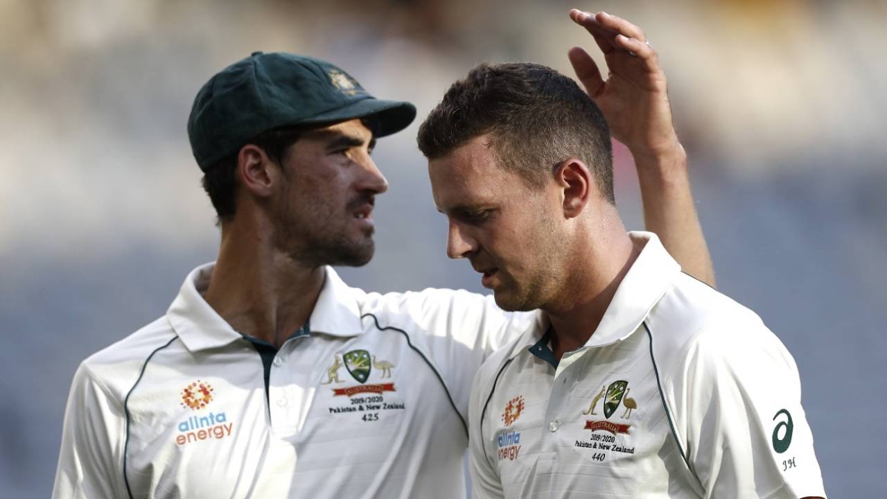 Mitchell Starc commiserates with Josh Hazlewood after the latter's injury, Australia v New Zealand, 1st Test, Perth, 2nd day, December 13, 2019