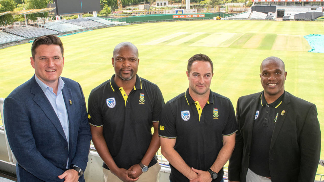 Graeme Smith, Enoch Nkwe, Mark Boucher and Linda Zondi at the unveiling of South Africa's new coaching structure&nbsp;&nbsp;&bull;&nbsp;&nbsp;AFP