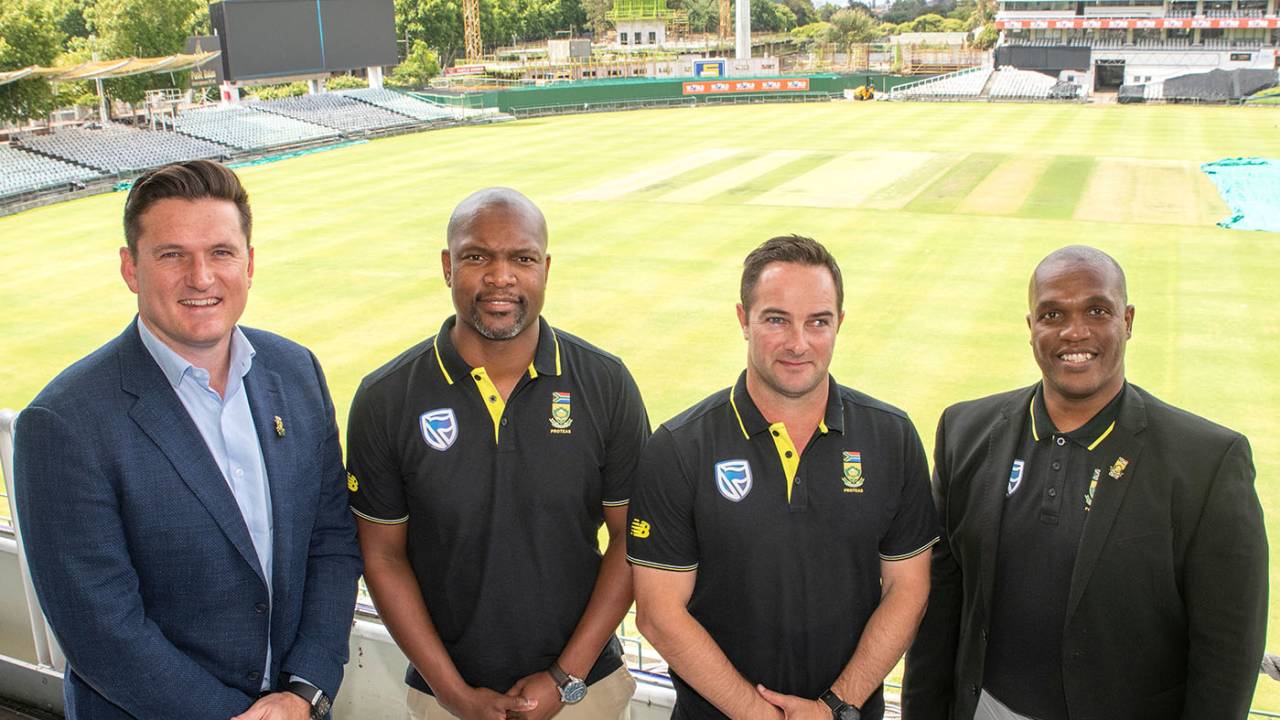 Graeme Smith, Enoch Nkwe, Mark Boucher and Linda Zondi at the unveiling of South Africa's new coaching structure