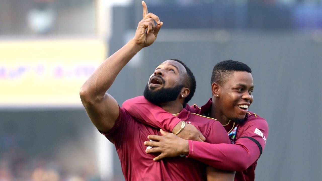 Kieron Pollard and Shimron Hetmyer celebrate Virat Kohli's dismissal, India v West Indies, 2nd ODI, Visakhapatnam, December 18, 2019