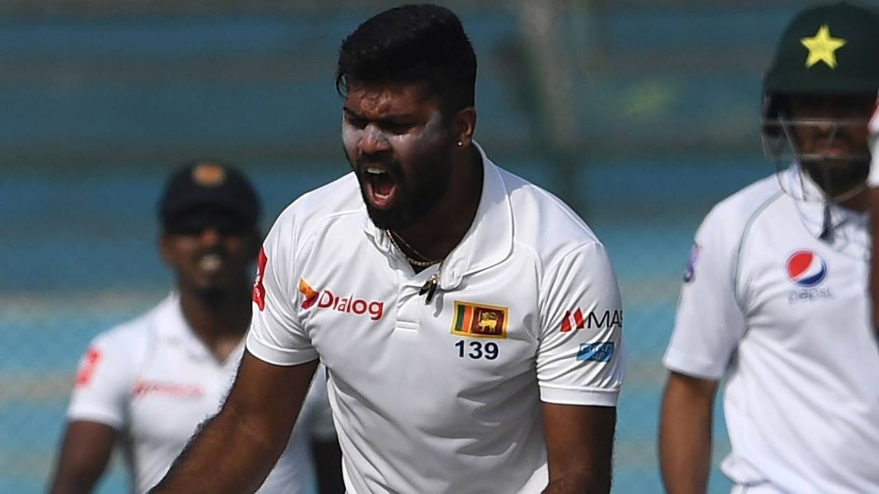 Lahiru Kumara celebrates a wicket, Pakistan v Sri Lanka, 2nd Test, Karachi, day 1, December 19, 2019