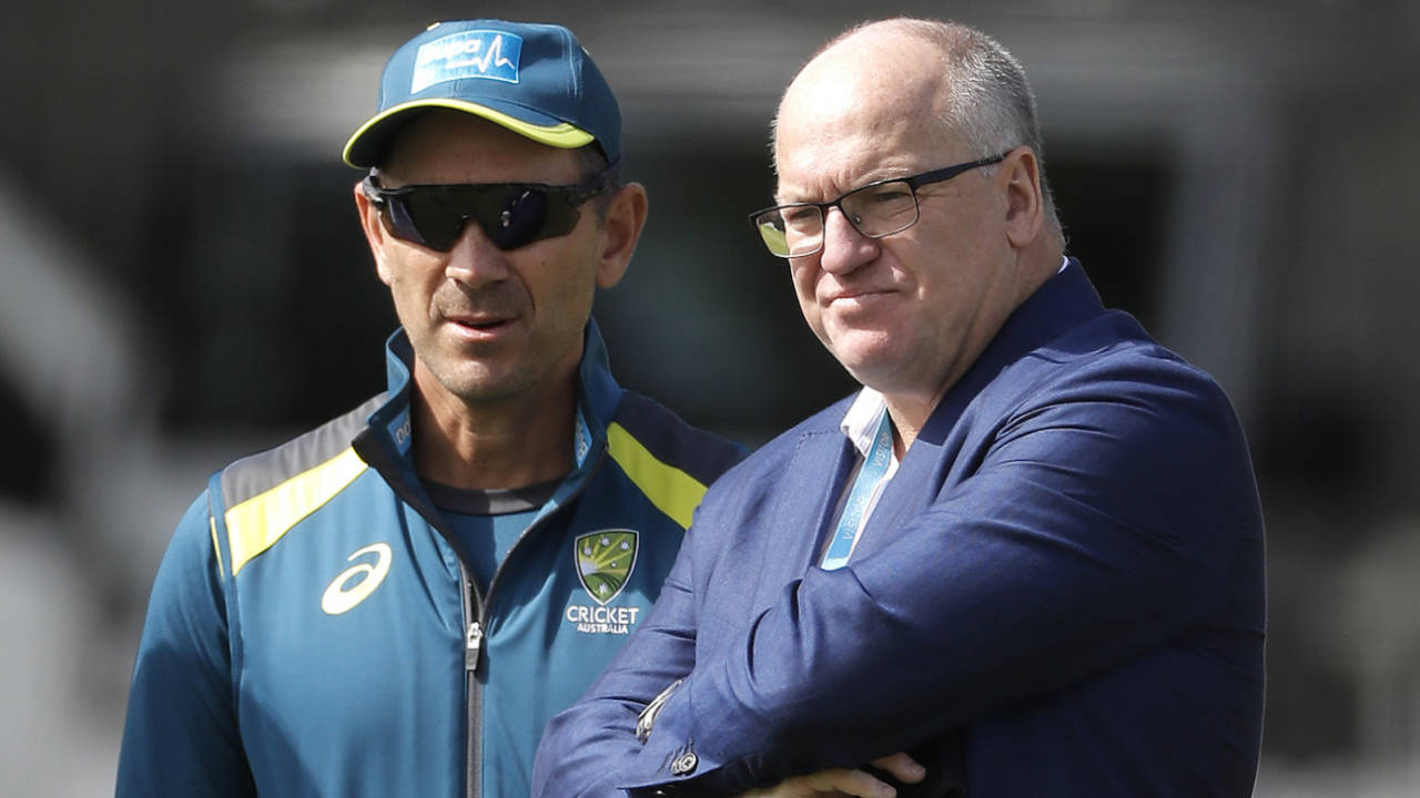 Justin Langer speaks with Cricket Australia Chairman Earl Eddings during a nets session before the second Ashes Test, Lord's, August 12, 2019