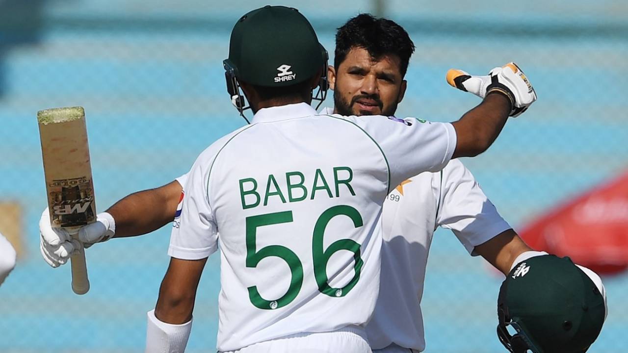 Babar Azam congratulates Azhar Ali on his hundred, Pakistan v Sri Lanka, 2nd Test, Karachi, 4th day, December 22, 2019