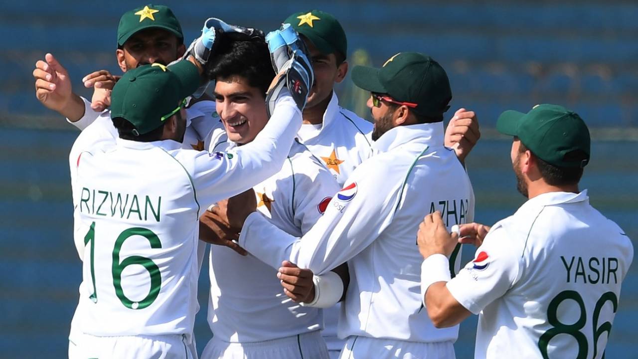 Naseem Shah is congratulated by his team-mates&nbsp;&nbsp;&bull;&nbsp;&nbsp;AFP / Getty Images
