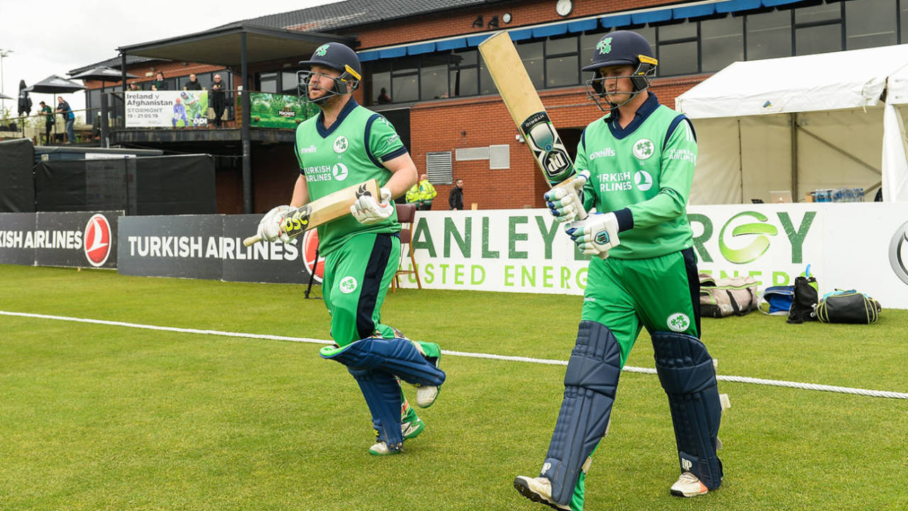 Paul Stirling and James McCollum walk out to bat at the Civil Service ground in Stormont, Ireland v Afghanistan, 1st ODI, Belfast, May 19, 2019