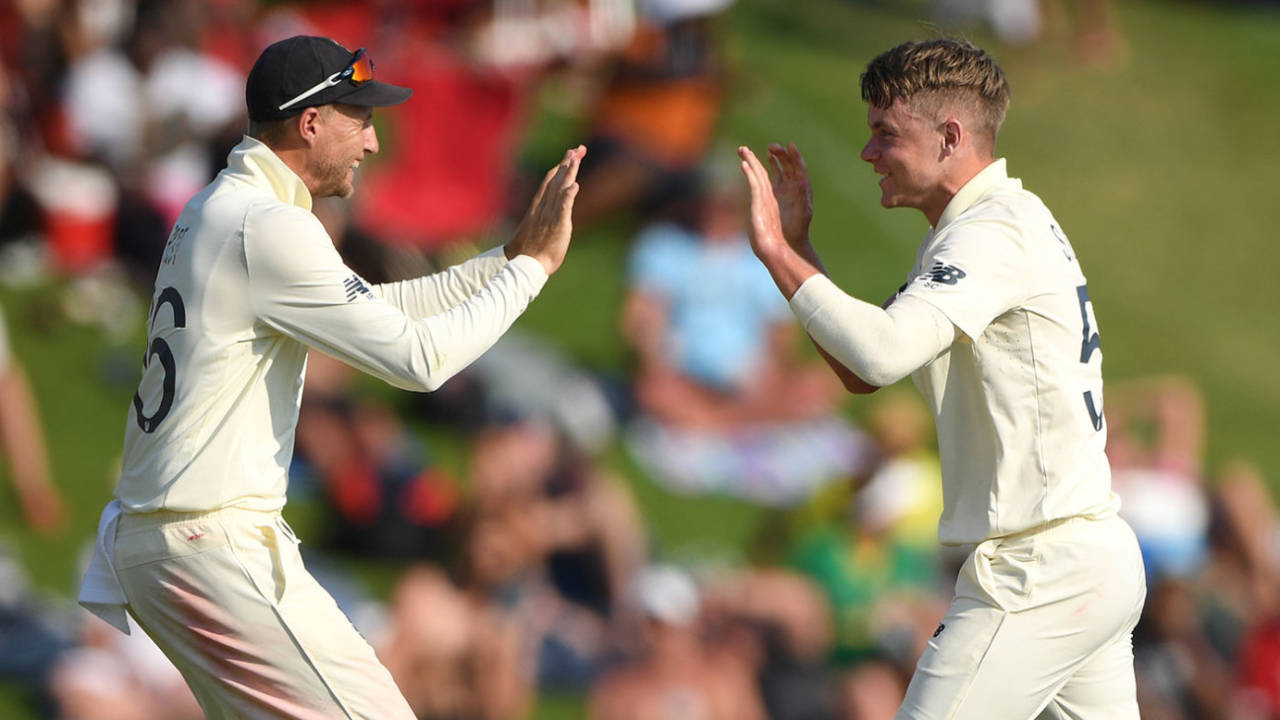 Joe Root and Sam Curran celebrate another breakthrough, South Africa v England, 1st Test, Centurion, 1st day, December 26, 2019