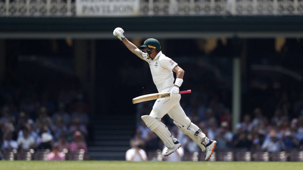 Marnus Labuschagne punches the air as he reaches his double century, Australia v New Zealand, 3rd Test, Sydney, 2nd day, January 4, 2020